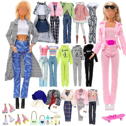 Puppenkleidung Fashion Kleidung Set,1 Kapuzen-Sweatshirt 2 Karo Mantel 1 Wintermantel 1 Pullover 1 Jumpsuit 4 Oberteile 4 Hosen 1 Rock 1 Schuhe 1 Schlittschuhe 1 Skateboard 9 Schminke in Zufällig
