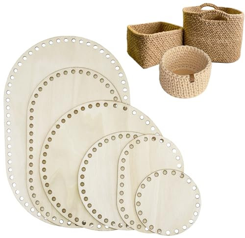 WANYI 6 Stück Holzboden für Häkelkorb, Korbboden zum Häkeln Häkelkorb Holz Basket Base Mit Löchern Rundes/Ovales Korbflechten Set für DIY Handtasche Korb Webbedarf Heimdekoration