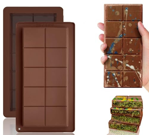 2-Pack Thick Silicone Chocolate Bar Molds for Stuffed Candies - 9.9x0.8 Inch Deep Chocolate Moulds, Food-Grade Candy Making Supplies for DIY, Baking & Gifts