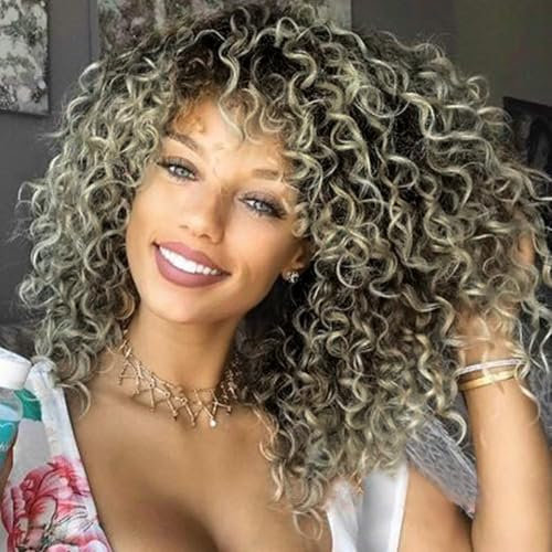 ColorfulPanda Afro Perücke Synthetische Verworrene Lockige Haar für Frauen, Braun Mix Hellblond gemischt Kinky Curly mit Pony Afrikanische kurze Perücken für Schwarze Damen (Braun blond)