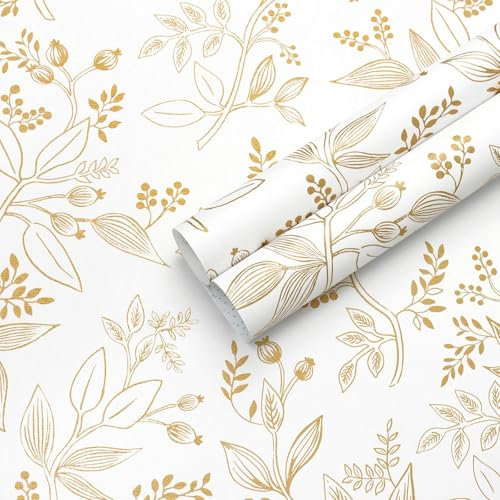 Fiula 44cm×10m Peel and Stick Wallpaper Leaf Self Adhesive Wallpaper Tropica Furniture Sticker Floral Contact Paper White Gold Covering Vinyl Wrap Roll for Bedroom Living Room Stick On Film