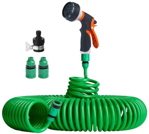 Flexibler Gartenschlauch 20M, Spiralschlauch Wasser mit 8 Funktions Brause, Gartenwasserschlauch Set - 20m Ausziehbarer Spiralschlauch, Schlauch mit Sprühdüse und Anschlussstücken