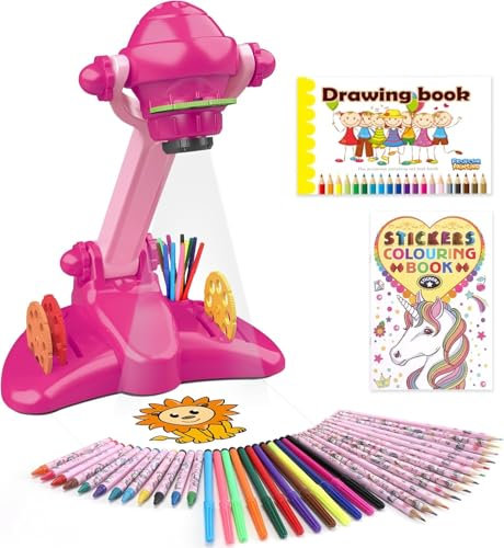 Kids Drawing Projector Toy – Art Projector Table with 32 Slides, Crayons & Drawing Book for Girls Boys Ages 3-7 – Educational Creative Gifts (Pink)