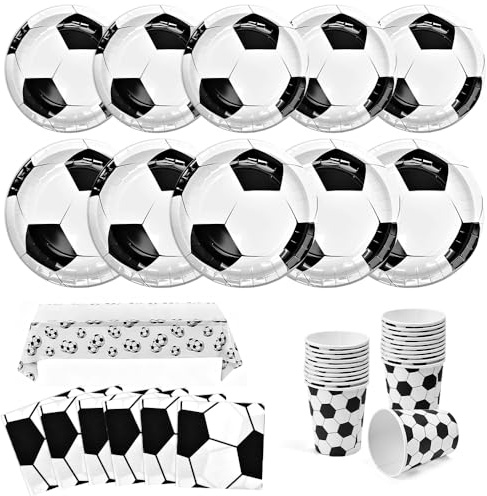 SLTAXAR Juego de 81 Vajilla para Fiesta de Fútbol, Vajilla Cumple Futbol con Mantel Servilletas Platos y Vasos para Cumpleaños deFutbol Decoración de Fiesta deFútbol en Blanco y Negro para 20Invitados