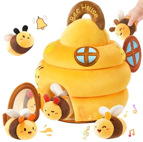 Baby Toys 6-12 Months - Soft Beehive Infant Toy with 5 Sensory Bees, Rattle, Crinkle, Squeaker, Mirror & Music, Montessori Toys for Babies 3 6 9 12 18 Months, Baby Boys Girls Christmas Birthday Gifts