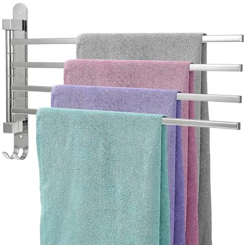 Porte-serviettes avec 4 bras pivotants - Porte-serviettes rotatif à 180° pour un accès facile - Porte-serviettes mural pivotant pour salle de bain, WC, garde-robe, cuisine - Argenté