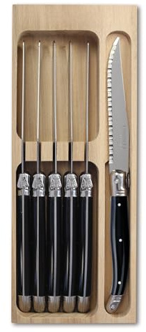 Andre Verdier Laguiole Steak Knife Set of 6 in Wooden Tray, Premium Stainless Steel - Sharp Serrated Knife Set, Made in France, Black