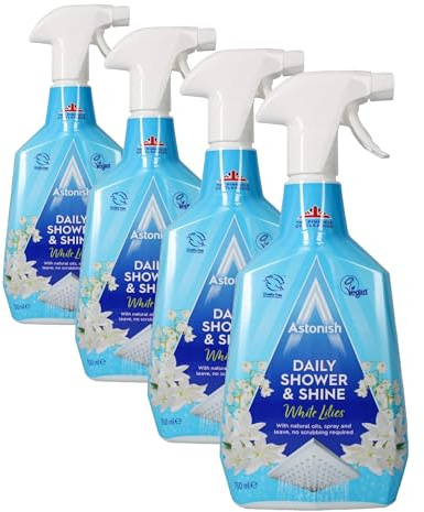 Astonish Daily Shower and Shine, Vegan and Cruelty-free Shower Spray, 750ml, White Lilies (Pack of 4)