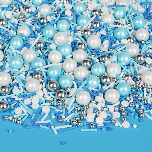 Edible Blue Silver White Pearl Sprinkles,Winter Pearls for Cake Decorating | 130g,Edible Jimmies Sugar for Baking Decoration for Donuts,Cookies,Cupcake Toppers,Baby Shower Birthday Frozen Party Supplies