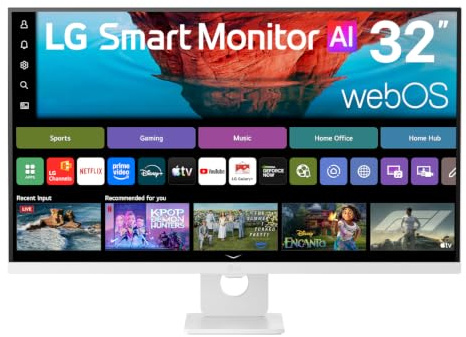 LG 32 4K Smart Monitor U7s AI 32U721SB-W, webOS, USB-C 65W, White | ThinQ Home Dashboard, LG ThinQ App, AirPlay 2, Screen Share, Bluetooth, 2x HDMI 2.0, 2x USB-A, AI Picture Pro, tilt