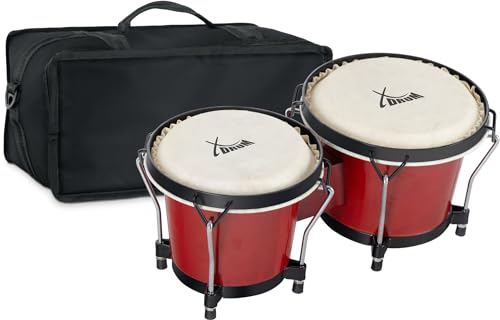 XDrum PERC Bongos Club Weinrot - 2 Trommeln mit 6 und 7 - Bongotrommeln mit stimmbaren Naturfellen und Stimmschlüssel - Holztrommeln Weinrot - Set inkl. gepolsterter Bongotasche aus Nylon