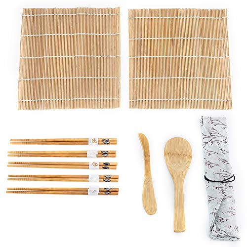 Sushi-Werkzeug-Set, 9 Bambus-Sushi, inklusive 2 Rollmatten, 5 Stöcke, 1 Tablett, 1 Klingenwerkzeug