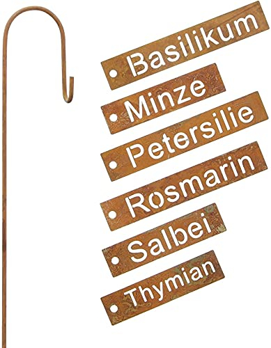 Dekoleidenschaft 6 Pflanzenstecker Kräuter aus Metall in Rost-Optik, Kräuter-Schilder, Pflanzenschilder, Metallstecker, Steckschilder, Pflanzenetiketten, Kräuterstecker, Metallschilder