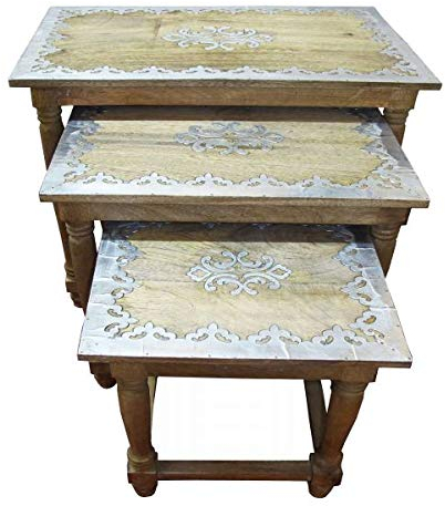 Saharashop Indische Tische aus Holz Set Nr. 2, Wohnzimmertisch 3er Set Couchtische, Beistelltisch, Handmade Holz-Tische Vintagee