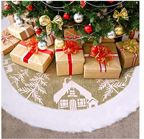 VOSAREA Christmas Tree Skirt, Countryside Burlap Faux Fur Xmas Tree Skirt 48 Inch Tree Skirts Christmas Tree Ornaments for Home Party Decor Christmas Holiday Decorations, Beige