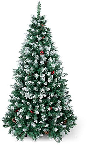 Sunjas Weihnachtsbaum künstlich, 120/150/180/210 cm Tannenbaum mit Schnee-Effekt, mit Tannenzapfen und rote Beere Deko, beschneiten Spitzen und Kunsttanne, inkl. Metallständer (150cm)