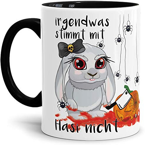 Tassendruck Hasi-Tasse Halloween - Witzig/Hasi/Schön/Lustig/Geschenk - Irgendwas stimmt mit Hasi Nicht - Innen & Henkel Schwarz