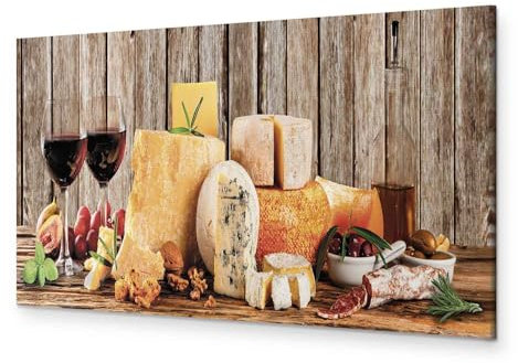 murando - Wandbilder XXL Wein und Käse 135x45 cm 1 tlg - Wand Deko Vlies Leinwand Bilder Groß Wanddeko Wohnzimmer Schlafzimmer Kunstdrucke Panoramabild - Holzoptik Weintraube Essen Küche