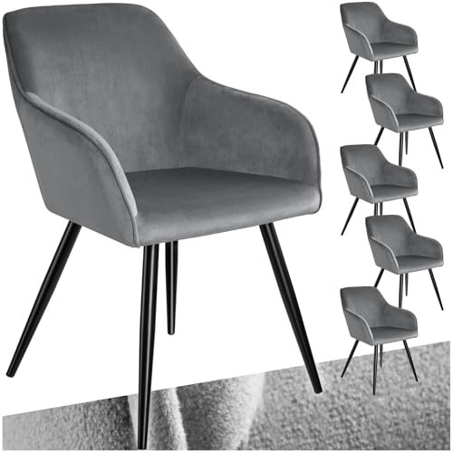 TecTake® Silla Tapizada en Terciopelo, Sillas de Comedor Ergonómicas y Versátiles, Gran Estabilidad y Capacidad de Carga, Sillas Cocina Elegante - 6 Sillas Gris/Negro