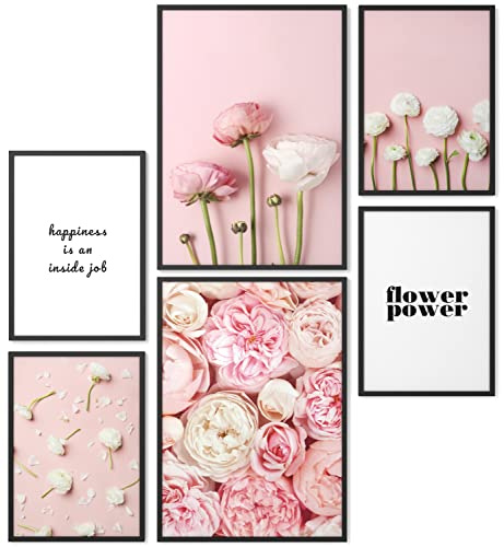 Papierschmiede® Mood Poster Set Flower Power, Bilder Wohnzimmer Deko Schlafzimmer, 2x 30x40cm und 4x 21x30cm, Blumen Pfingstrosen Rosa - Wandposter ohne Rahmen