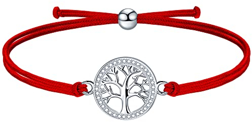 J.Endéar Lebensbaum Armband Silber 925 für Damen Junge Mädchen Verstellbare Kordelkette Rot, Geburtstag Kindertag Muttertag Schmuck