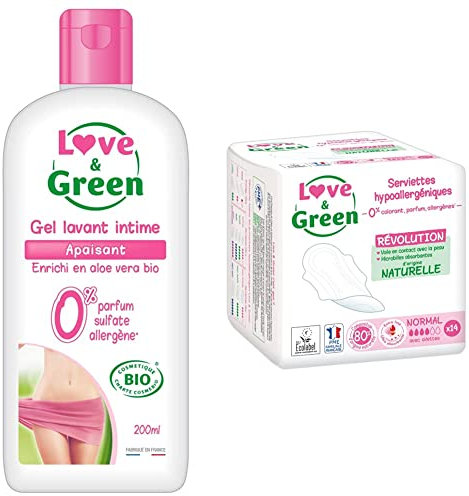 Gel Lavant Intime Apaisant Bio 200 ml + Love & Green Serviettes Hypoallergéniques Normal 0% 14 Pièces