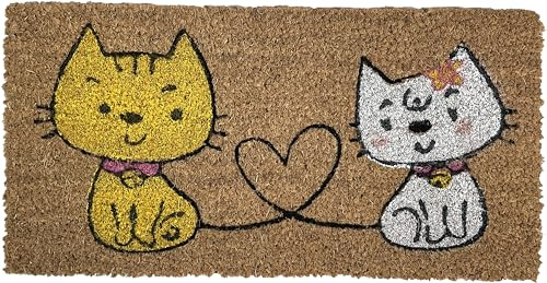Zerbino art KERA IN 100% fibra di cocco naturale con stampe fantasiose tappeto ingresso casa asciuga passo con retro pvc antiscivolo per esterno e interno (scalino 25x50cm, Dis.gatti innamorati)