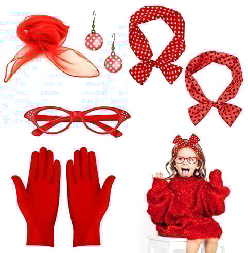 QEEQPF 6 1950er Jahre Damenbekleidung Accessoires, Chiffon Schal Stirnband Brille Handschuhe Ohrringe für Damen Vintage Party Wear (Rot)