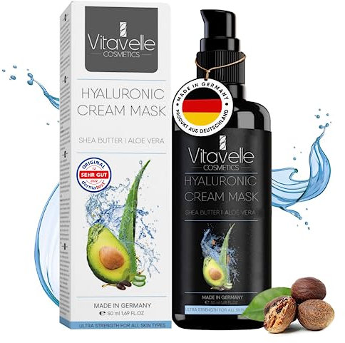 Vitavelle Hyaluronsäure Gesichtsmaske Aloe Vera & Avocado Öl - Intensiv Gesichtspflege Face Mask mit Aloe Vera - Gesichtsmasken mit Glättungseffekt - Anti-Aging Gesichtspflege mit Hyaluron