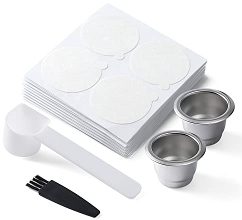 HAILASRE Réutilisable 2 pcs Capsule de café Compatible avec la machine Nespresso OriginalLine, dosettes de café rechargeables en acier inoxydable avec 100 couvercles d’autocollants en papier