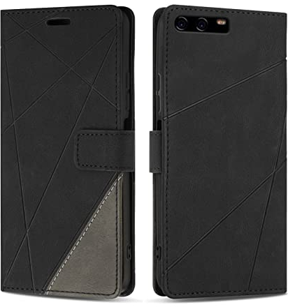 SONWO Hülle für Huawei P10, Premium PU Leder Handyhülle Flip Case Wallet Silikon Schutzhülle Klapphülle für Huawei P10, Schwarz