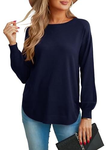 Jumpers for Women UK Winter Spring Warm Long Sleeve Crew Neck Effortless Style (Navy Blue, L)
