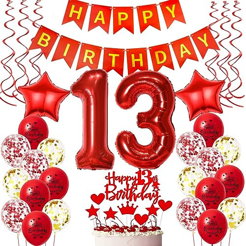 Deko 13. Geburtstag mädchen Rot,Geburtstagsdeko 13 jahre mädchen rot Luftballons 13 Geburtstag dekoration Rot,Folienballon 13 Geburtstag deko mädchen Rot Tortendeko 13 Geburtstag Mädchen deko rot