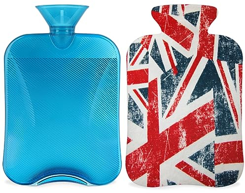 UK Union Jack Hot Water Bottle with Fluffy Cover 2L Large Capacity UK Flag Bottle Water Bag for Cosy Nights Relief Pain Back Neck and Shoulders