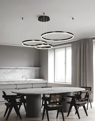YYUTLUO Moderner DIY-Kreis-LED-Kronleuchter | 3 Schwarz Goldringe:40+60+80cm=90W | LED-Pendelleuchte aus Metall+Acryl | 2,4 G Dimmbare Fernbedienung | Runde Decken-Hängelampe Wohnzimmer Schlafzimmer