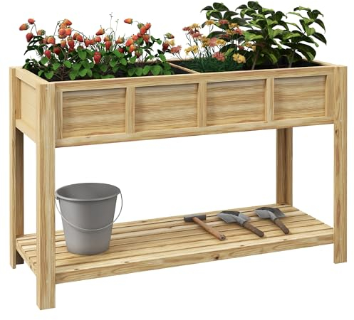 Outsunny - Jardinera Maceta con separador extraíble, estante, insertos de riego, fieltro de drenaje incluido - Dim. 115 x 46 x 75 cm. Madera maciza