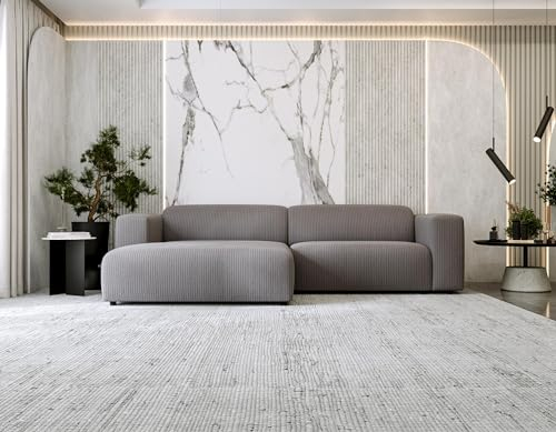 MKS MEBLE Ecksofa Cord, Sofa Cord L-Form, Wohnlandschaft L-Form, Modern Design Couch, Sofagarnitur, Couchgarnitur, Polsterecke - Pasadena - Grau Cord - Links Seite