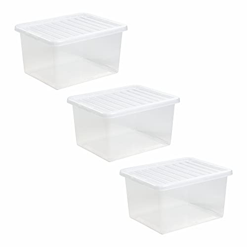 (Pack of 3) 37L Litre Clear Plastic Storage Box With Lids Home Office Stackable Nestable Container Made in U.K