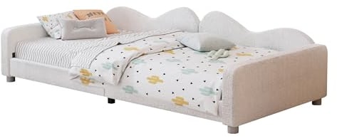 90x200 cm Schlafsofa Tagesbett mit Lattenrost, mit Rückenlehne und Armlehnen, mit Teddystoff Bezug, Einzelbett Polsterbett für Kinder und Jugendliche, Mädchen (Weiß)