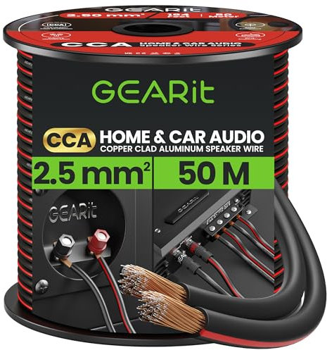 GearIT 14 Gauge 2x2.5mm² Speaker Cable CCA Wire (50m - Black) Copper Clad Aluminum - Great for Hi-Fi Home Theater and Car Speakers - 14awg