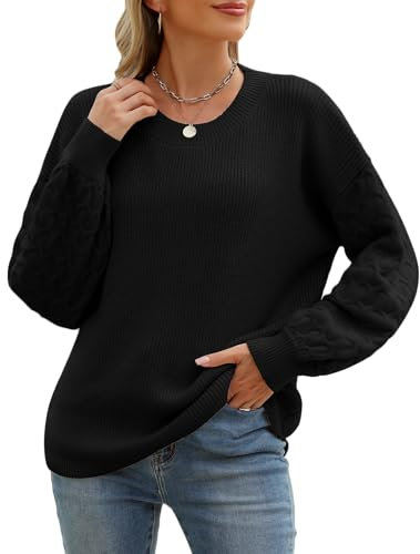 heekpek Women's Jumpers Ladies Loose Jumpers Long Sleeve Tops Crewneck Cable Knit Sweaters Casual Pullover, Black, M