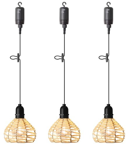KSIBNW Lámpara Colgante 3 Piezas Portátil con Mando, Lámpara para Exterior e Interior Bohemias Iluminación con Pilas de Techo Pantalla de Ratán Regulable Ajustable con Temporizador para Jardín