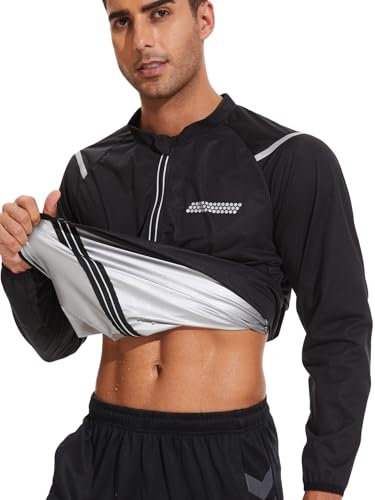 Clevvets Tuta da sauna da uomo, a maniche lunghe, con cerniera, per palestra, allenamento, sauna, fitness, Nero , M