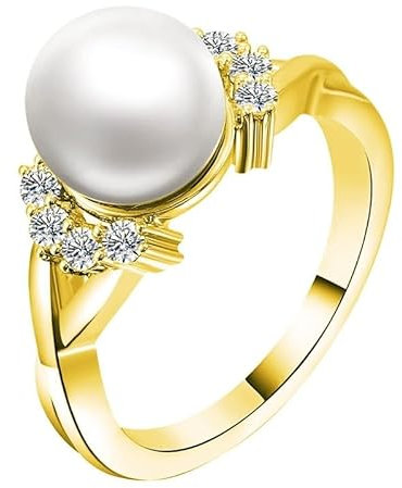 Skcess 9 Karat Gelbgold Eheringe Weiß Perle Runden, Damen Ring mit Runder Perle Ringe Frauen Größe 54 (17.2)