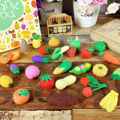 MINGZE 30 Stück Bleistift Radiergummis, Premium Neuheit Obst Gemüse Radiergummis Sammlerstück Set von liebenswert, beste Puzzle Spielzeug für Kids Party, Spiele Preise, Karneval und Schulmaterial
