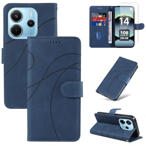 Handyhülle für Xiaomi Redmi Note 14 4G (Nicht für EU Version) (Nicht für 5G) Hülle mit 1 Stück Gehärtetes Glas Schutzfolie Displayschutzfolie, Standfunktion und Kartenfach Schutzhülle (Blau)