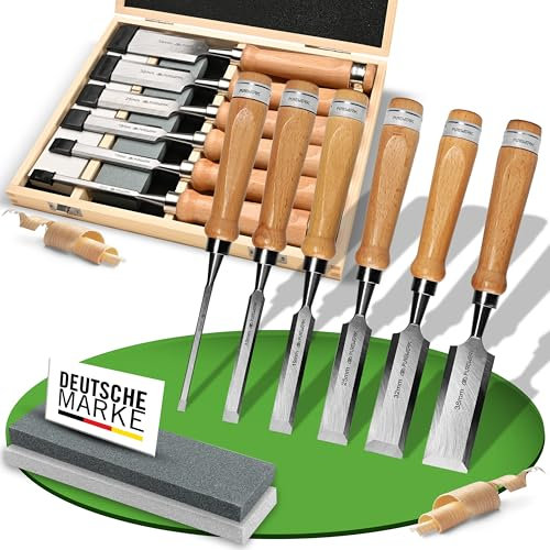 PUREWERK® Set di scalpelli per legno [6 misure] – Set con 6 scalpelli affilate in acciaio CrV – Strumento per la lavorazione del legno con scatola e pietre abrasive