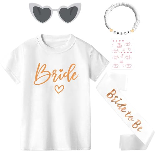 Joyesplay JGA Shirt Frauen,Team Braut Bride Shirt Set mit JGA Accessoires Schärpe Armbänder Sonnenbrille für Hochzeit Party (DE/NL/SE/PL, Alphanumerisch, L, Regular, Regular, Weiß Bride)