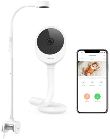 NETVUE Camara Vigilancia Bebe Wi-Fi 2.4 GHz, Soporte 4-en-1 Universal, Vigila Bebes con Audio Bidireccional, Control por App, Monitoreo de Sueño y Temperatura, Vigilabebes con Camara, Sin Pantalla