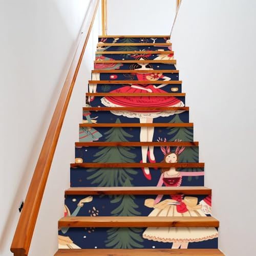 Women's Nutcracker Ballet Xmas Dance Pattern Stair Stickers, 13 PCS, 7.1x39.4 Inches, Removable and Easy-to-Install Decor for Home Office Steps